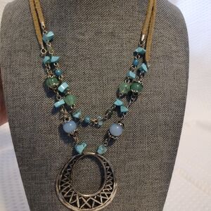 Vintage Vicki Jousan Stamped Silver and Blue Beaded Necklace On Suede